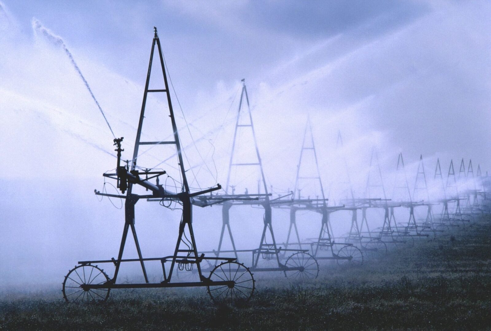 A field with many power lines in the middle of it.