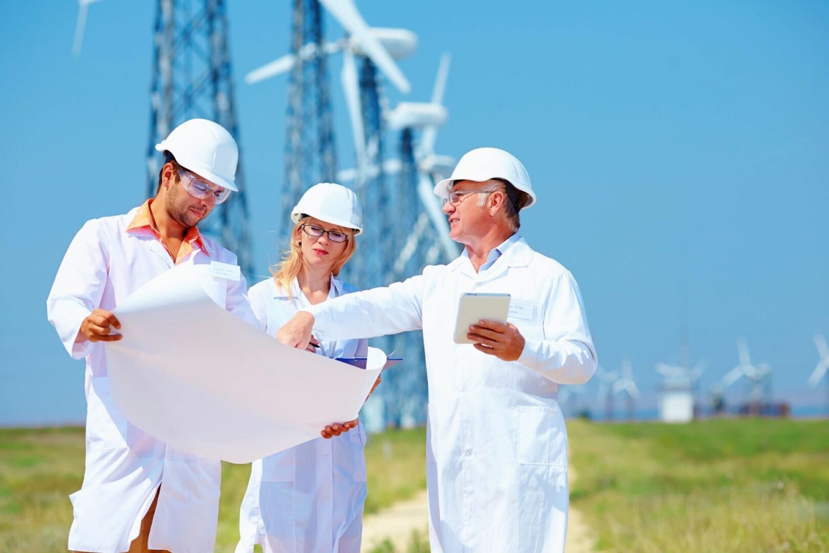 Three people in white hats and one is holding a paper