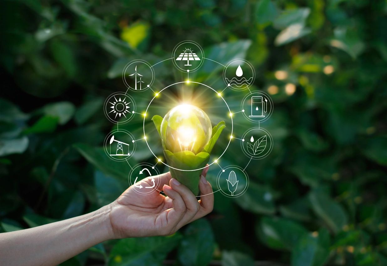 A hand holding a light in front of green leaves.